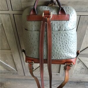 Dooney & Bourke Gray Ostrich Backpack with Brown Leather Trim REHAB BAG